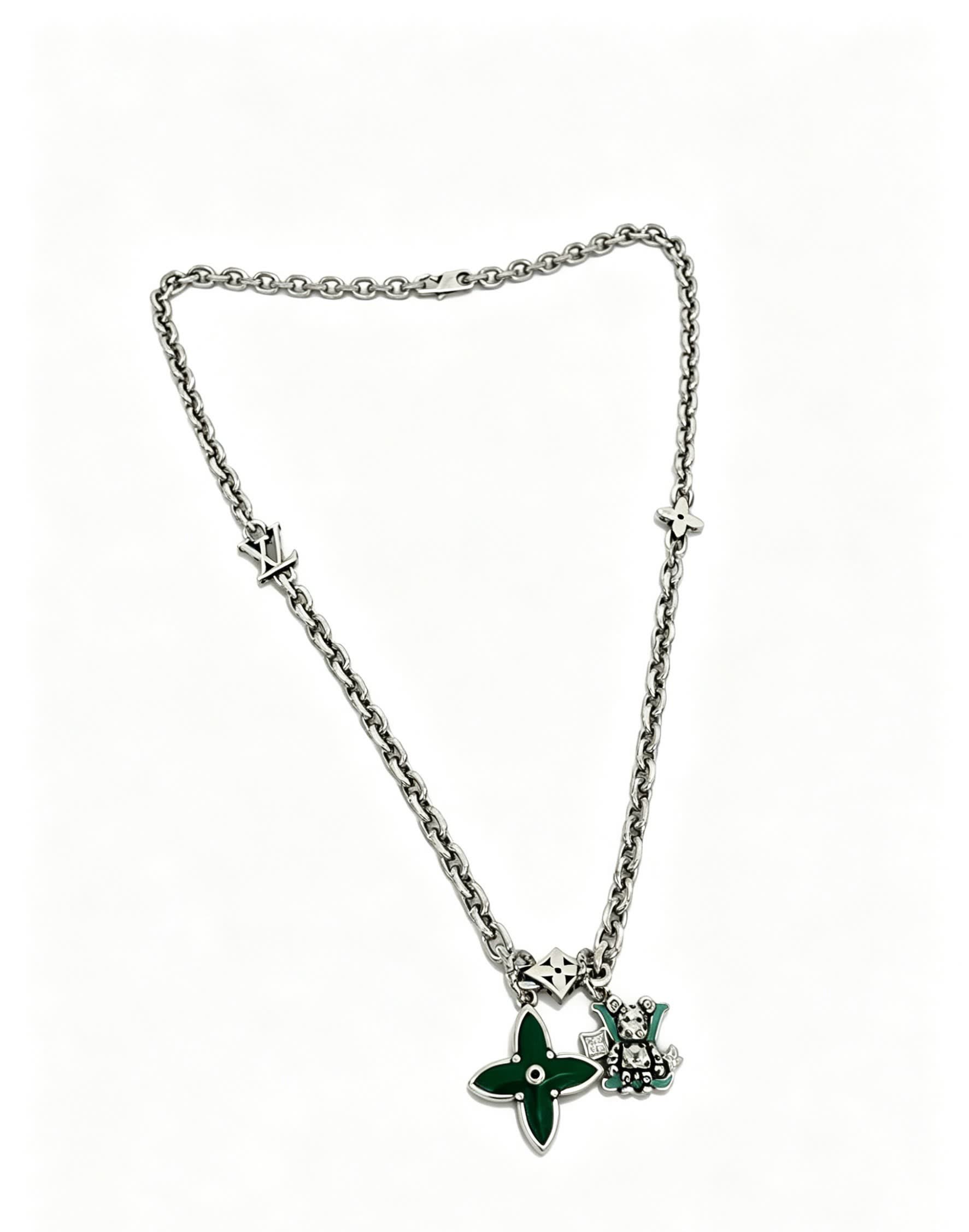 Louis Vuitton Silver Chain Necklace with Green Flower and Monogram Motif